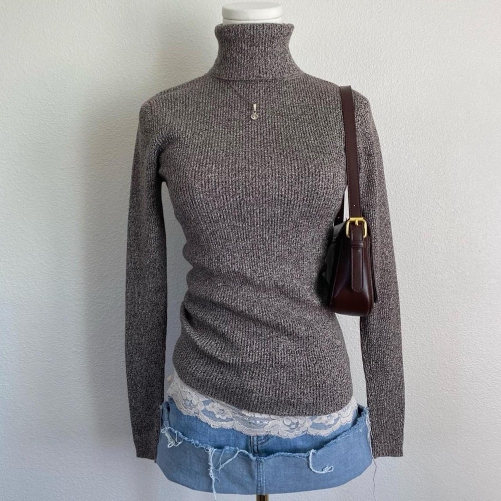Y2K Moda International Brown Knit Marled Cotton Turtleneck Sweater
